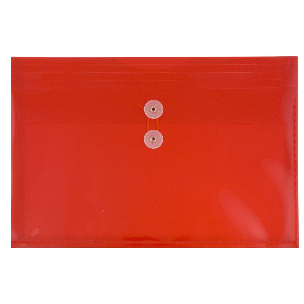 JAM Paper Plastic Booklet Envelopes, Legal-Size, 9 3/4in x 14 1/2in, Button & String Closure, Red, Pack Of 12