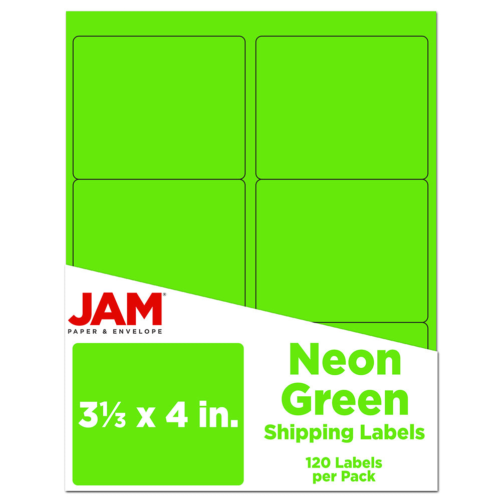 JAM Paper Mailing Address Labels, Rectangle, 3 1/3in x 4in, Neon Green, Pack Of 120