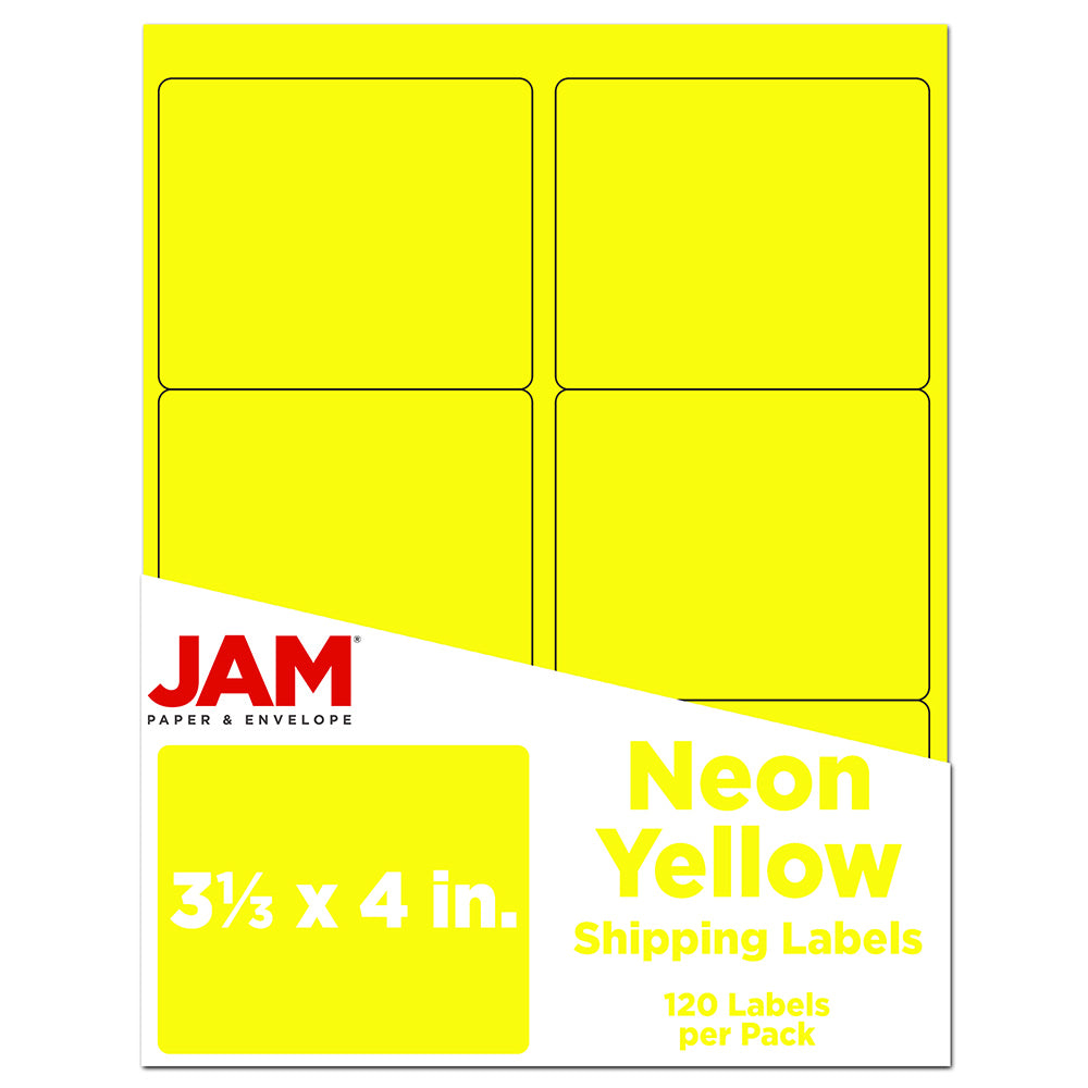 JAM Paper Mailing Address Labels, Rectangle, 3 1/3in x 4in, Neon Yellow, Pack Of 120