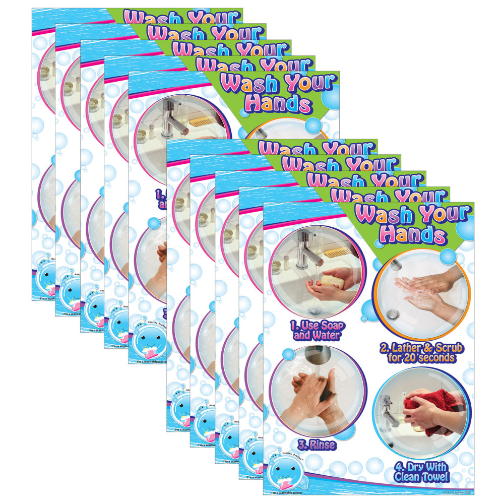 Ashley Productions Smart Poly PosterMat Pals Space Savers, 13in x 9-1/2in, Wash Your Hands, Pack Of 10 Pieces