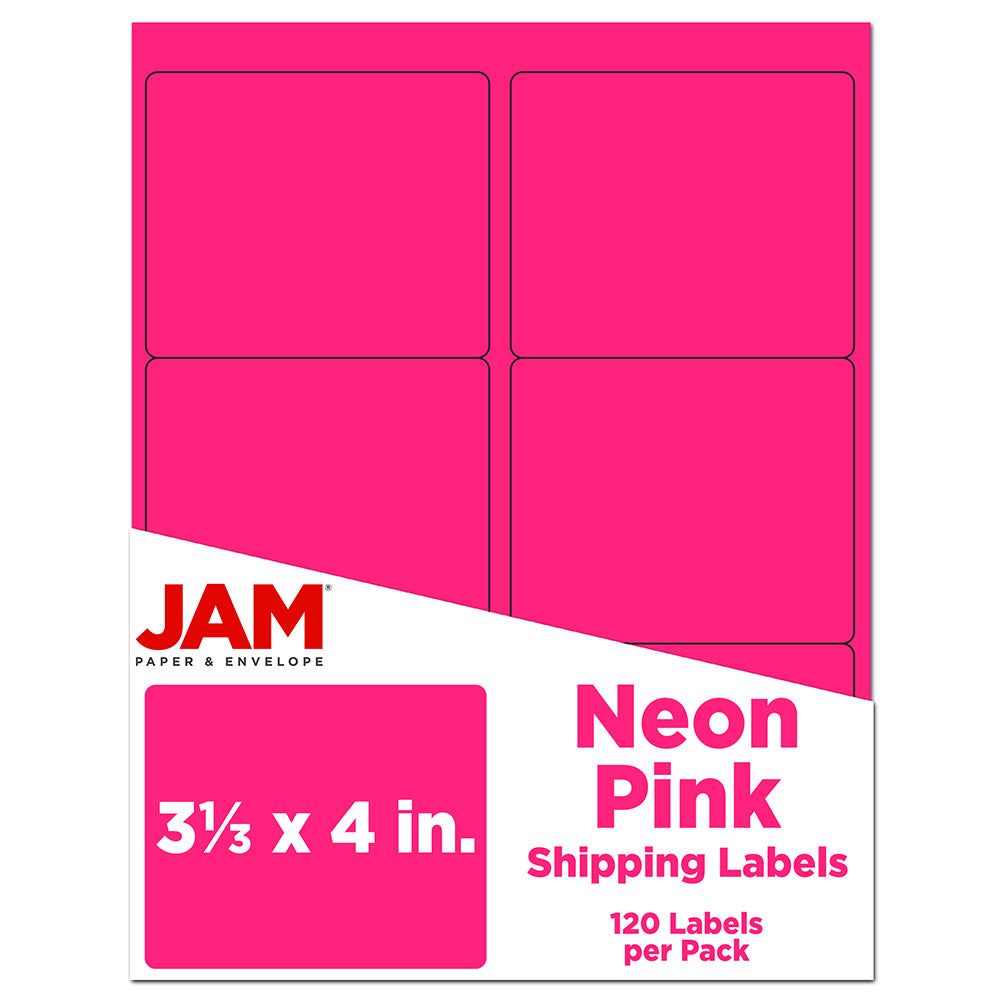 JAM Paper Mailing Address Labels, Rectangle, 3 1/3in x 4in, Neon Pink, Pack Of 120