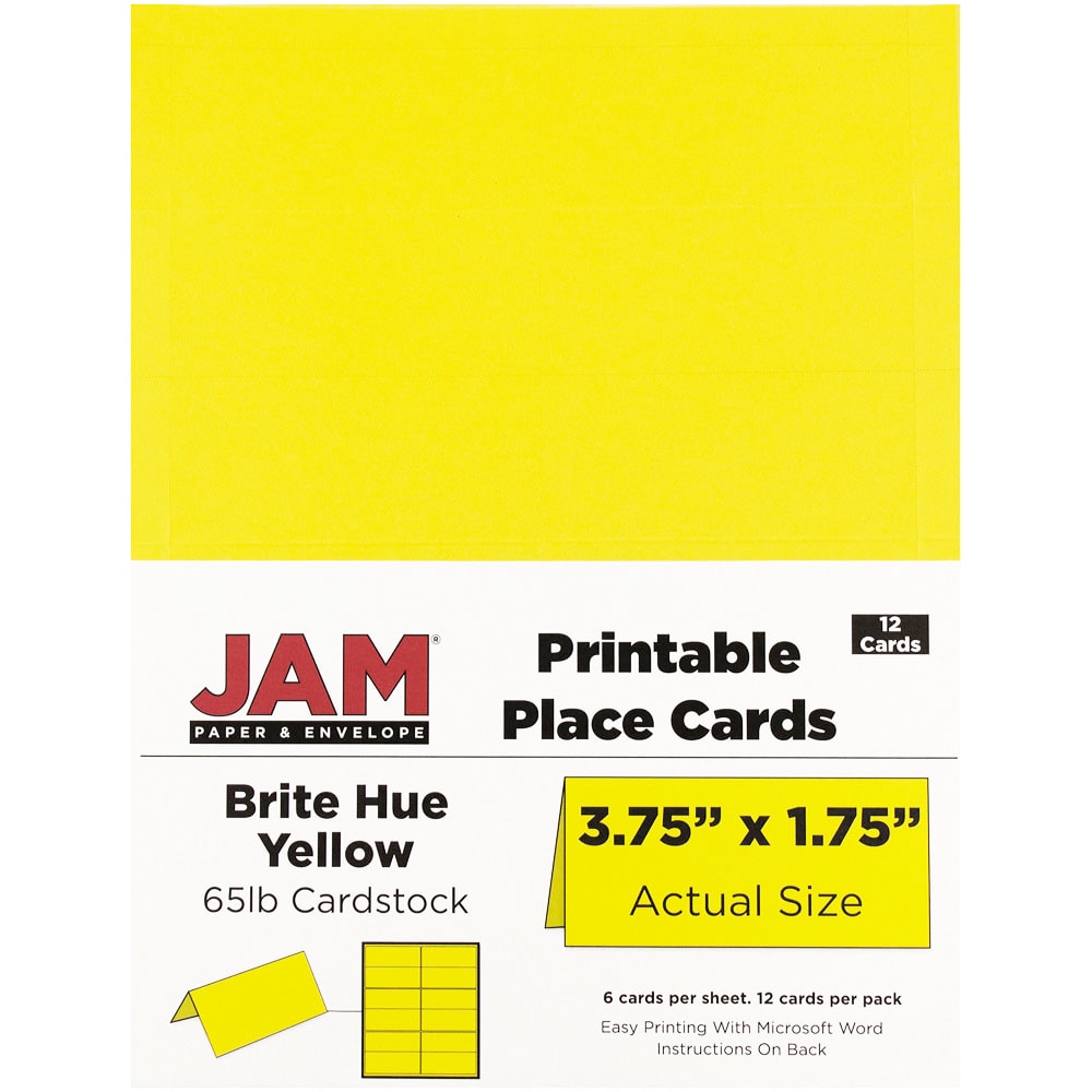 JAM Paper Printable Foldover Place Cards, 3 3/4in x 1 3/4in, Yellow, Pack Of 12