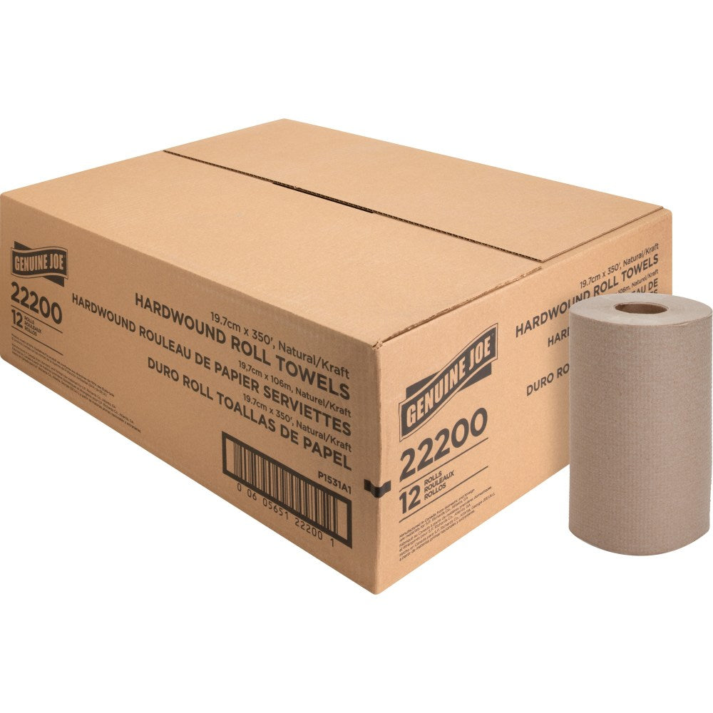 Genuine Joe Hardwound 1-Ply Paper Towels, 100% Recycled, 350ft Per Roll, 500 Sheets Per Roll, Pack Of 12 Rolls