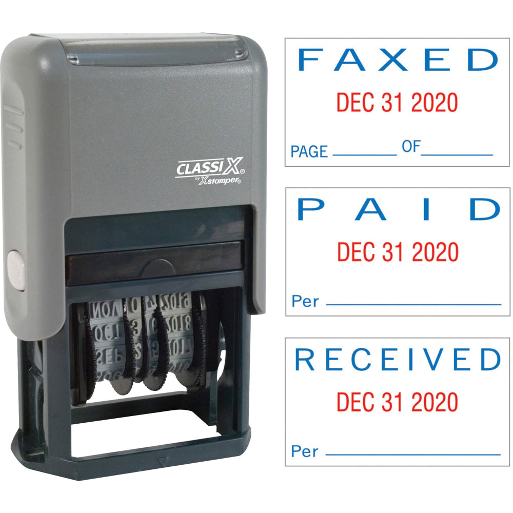 Xstamper Self-Inking Paid/Faxed/Received Dater - Message/Date Stamp - "PAID, FAXED, RECEIVED" - 0.93in Impression Width x 1.75in Impression Length - Blue, Red - Plastic - 1 Each