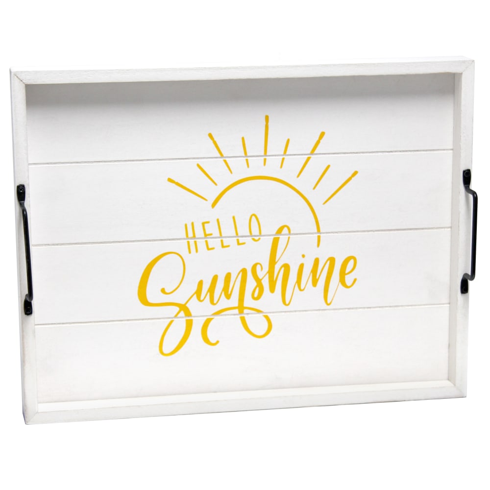 Elegant Designs Decorative Serving Tray, 2-1/4inH x 12inW x 15-1/2inD, White Wash Hello Sunshine
