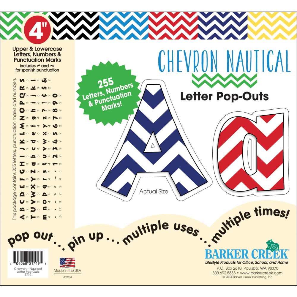 Barker Creek Letter Pop-Outs, 4in, Chevron Nautical, Set Of 255