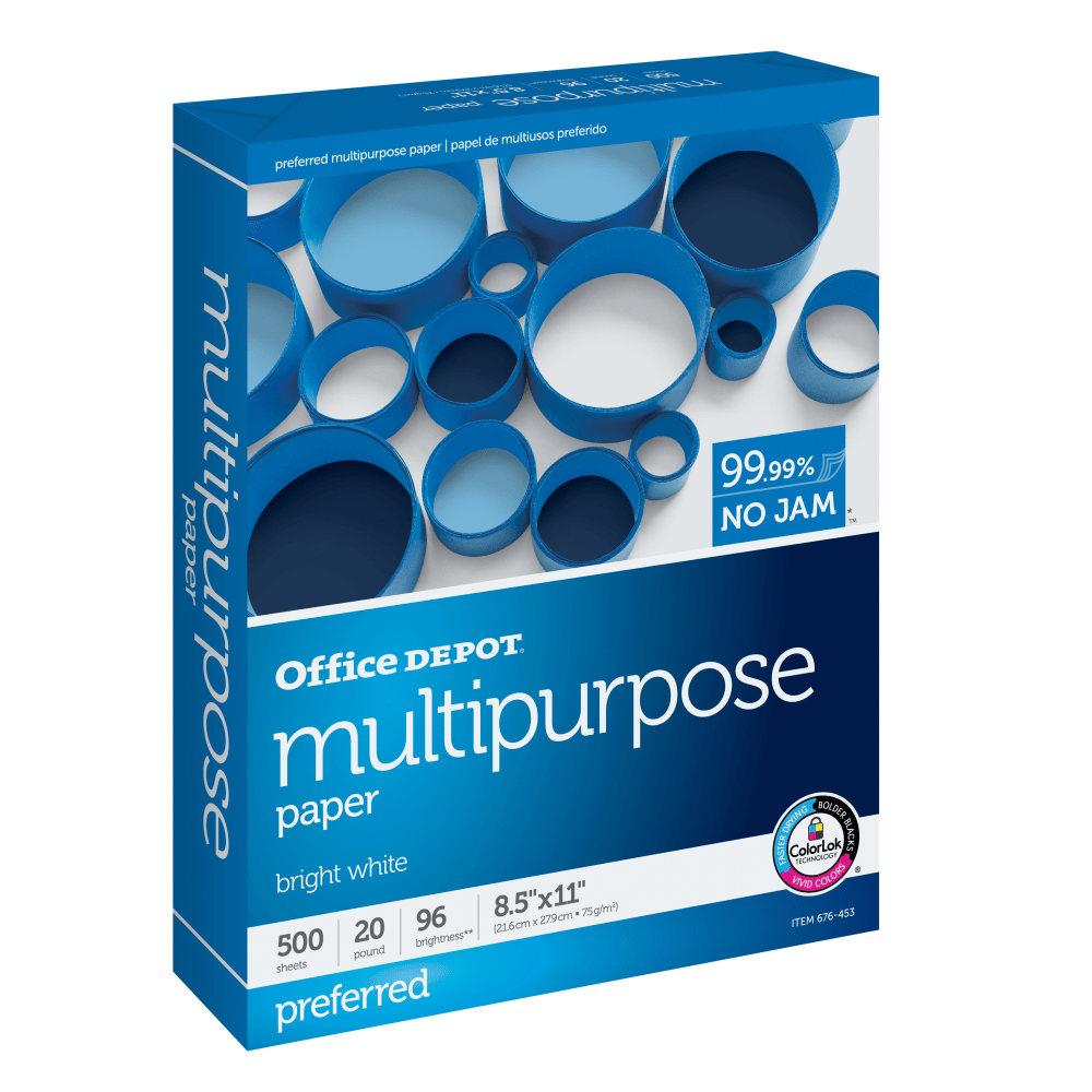 Office Depot Multi-Use Printer & Copy Paper, White, Letter (8.5in x 11in), 500 Sheets Per Ream, 20 Lb, 96 Brightness