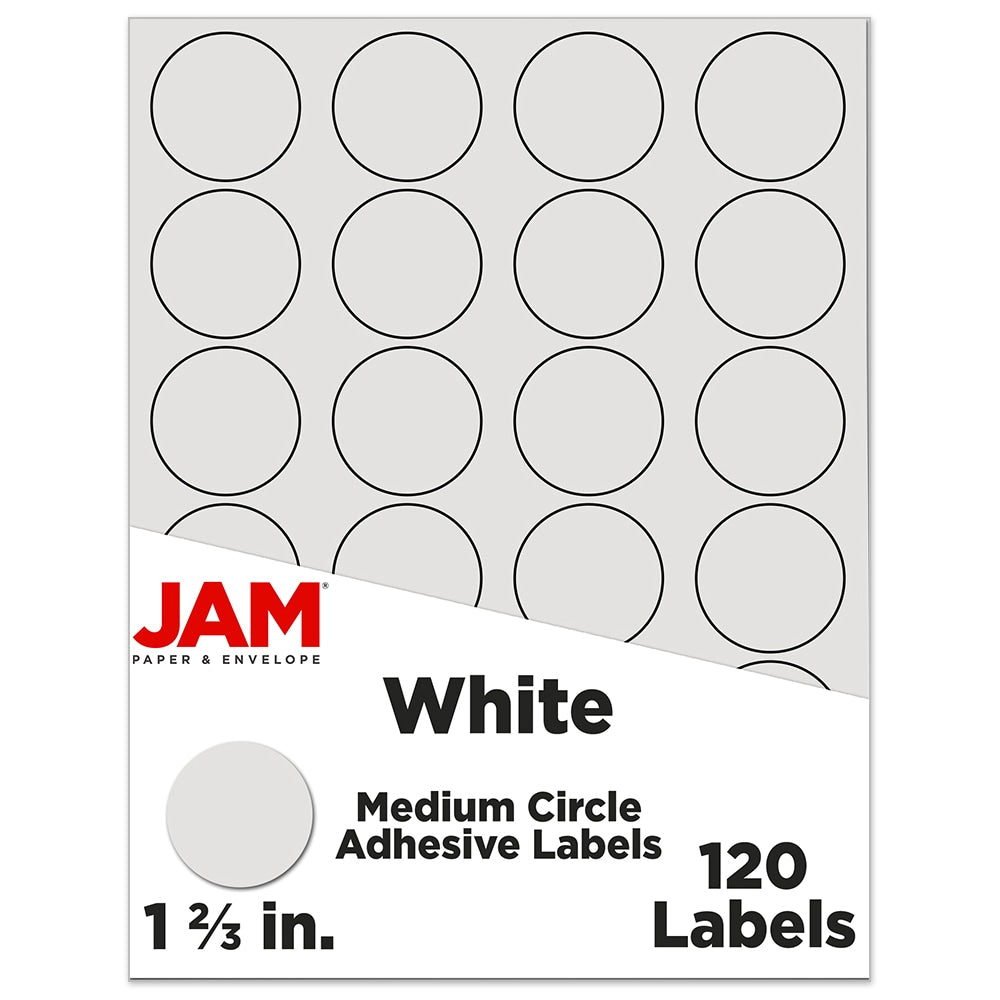 JAM Paper Circle Label Sticker Seals, 1 2/3in, White, Pack Of 120