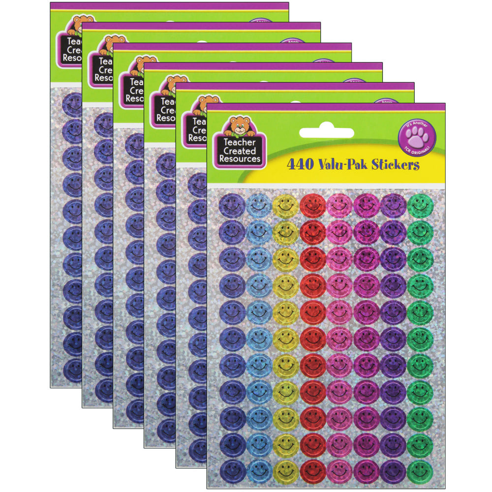 Teacher Created Resources Mini Stickers, 3/8in, Happy Face Sparkle, 440 Stickers Per Pack, Set Of 6 Packs