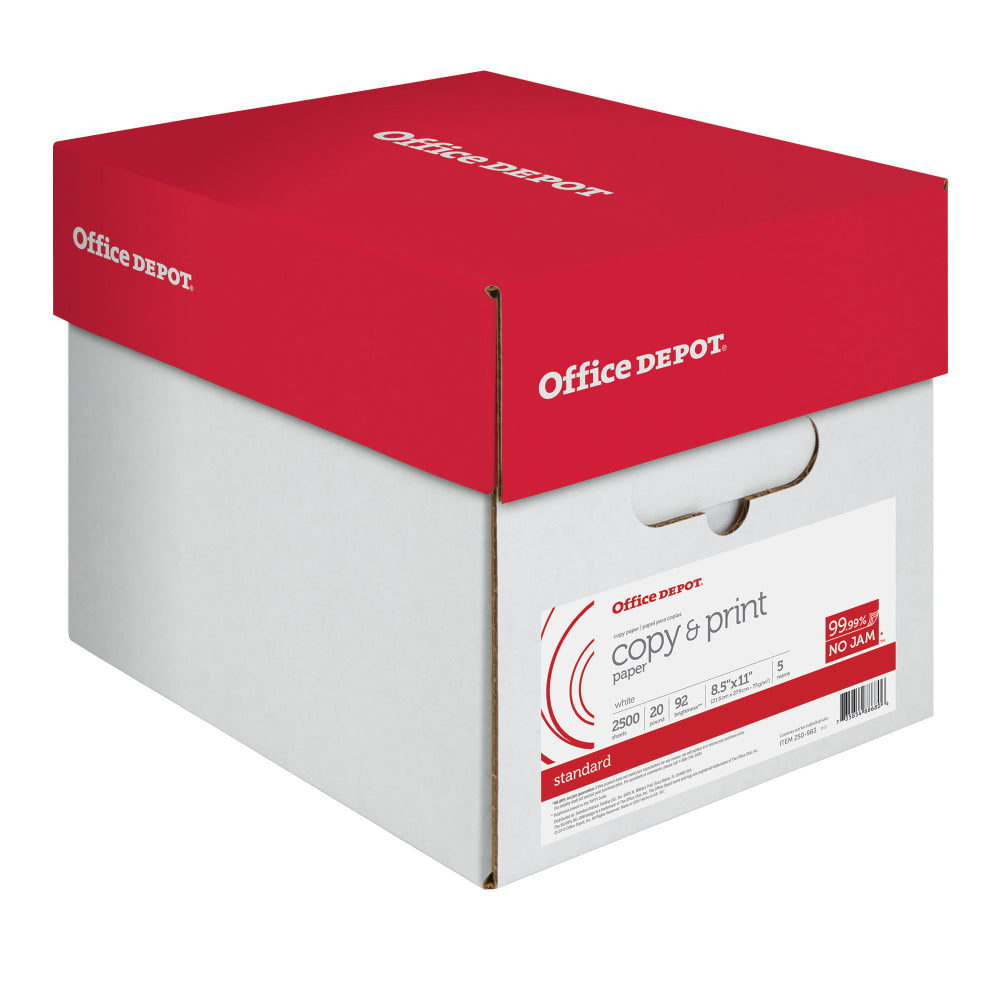 Office Depot Multi-Use Printer & Copy Paper, White, Letter (8.5in x 11in), 2500 Sheets Per Case, 20 Lb, 92 Brightness, 851201CS, Case Of 5 Reams