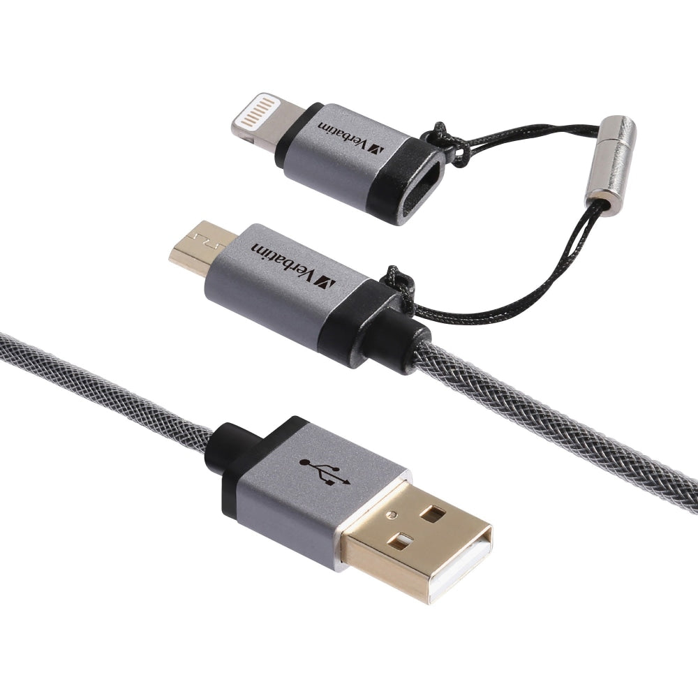 Verbatim Sync & Charge microUSB Cable with Lightning Adapter - 47 in. Braided Black - 47 in. Braided Black