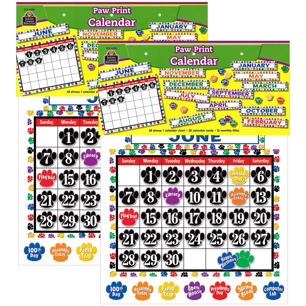 Teacher Created Resources School Calendar Bulletin Board Sets, 24in x 18in, Colorful Paw Prints, Pack Of 2 Sets