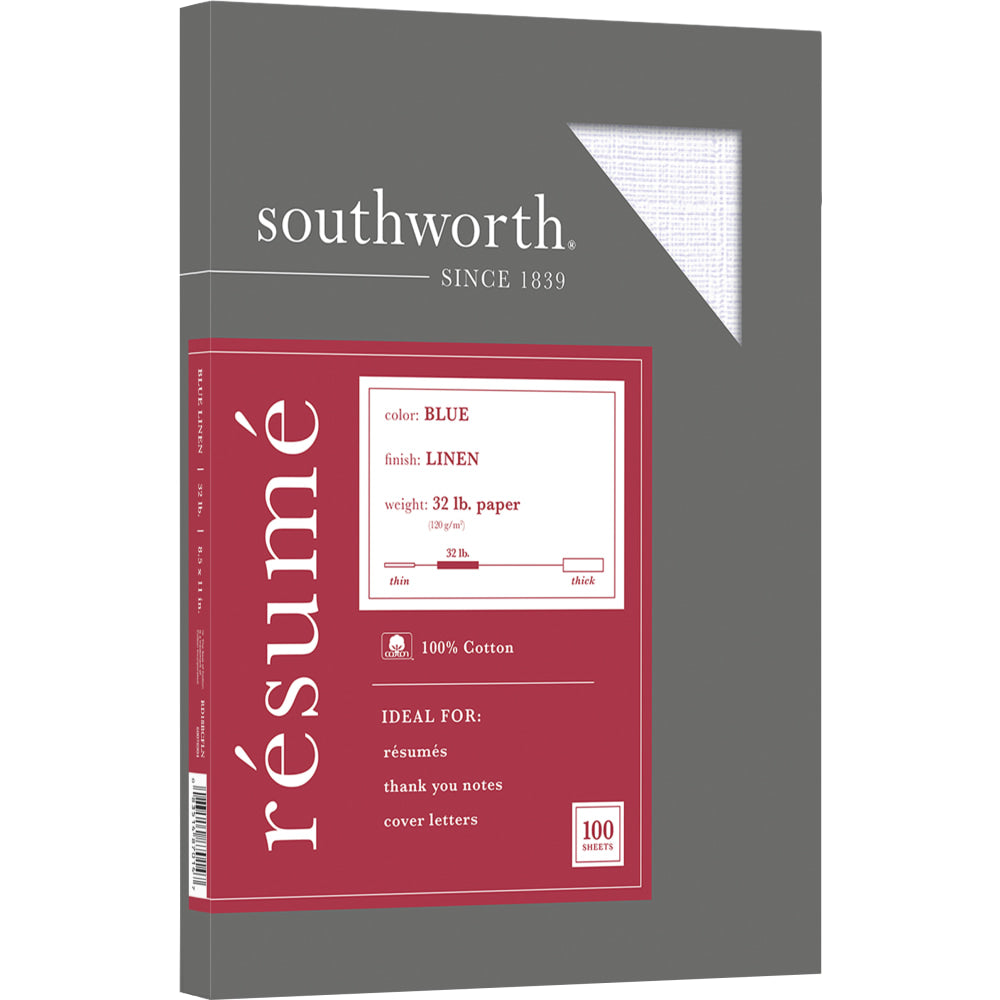 Southworth 100% Cotton Resume Paper, 8 1/2in x 11in, 32 Lb, 100% Recycled, Blue, Pack Of 100