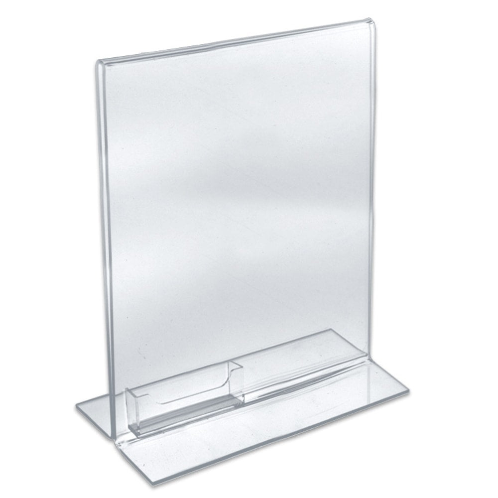 Azar Displays Double-Foot Acrylic Sign Holders With Attached Business Card Pockets, 11in x 8 1/2in, Clear, Pack Of 10