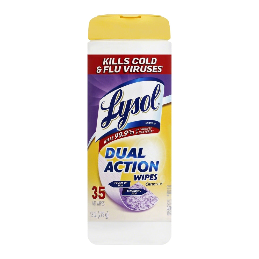 Lysol Dual Action Wipes - For Multi Surface - Citrus Scent - 35 / Canister - 1 Each - White/Purple