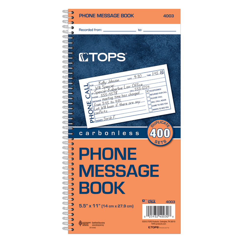 TOPS Phone Message Book, 2-Part, 11in x 5 1/2in, 4 Messages Per Page, 100 Pages (100 Sheets), White/Canary