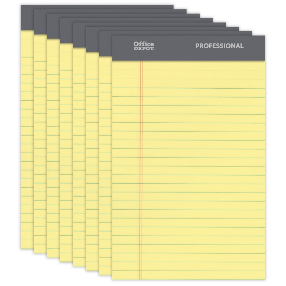 Office Depot Brand Professional Writing Pads, 5in x 8in, Narrow Ruled, 50 Sheets, Canary, Pack Of 8