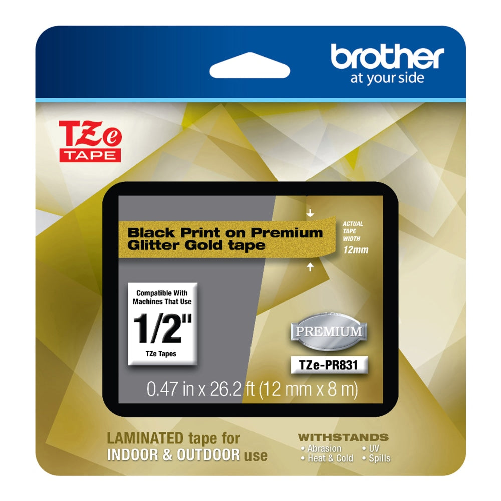 Brother TZe Premium Glitter Laminated Tape, 1/2in x 26-3/16ft, Black Ink/Gold Tape