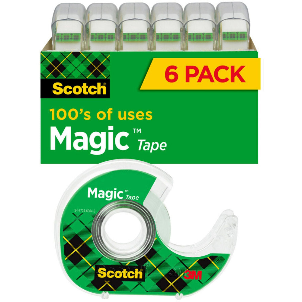 Scotch Magic Tape with Dispenser, Invisible, 3/4 in x 650 in, 6 Tape Rolls, Clear, Home Office and School Supplies