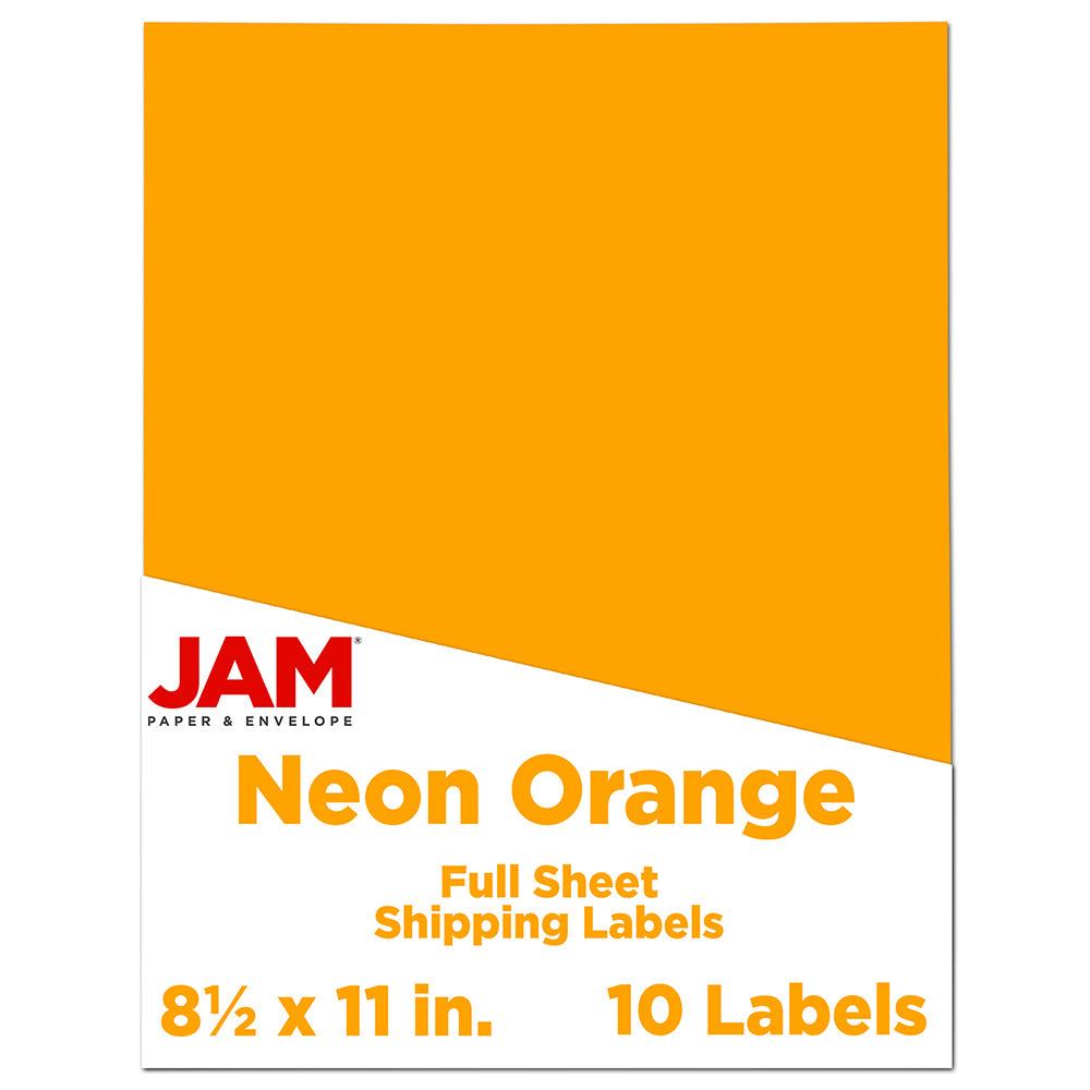 JAM Paper Full-Page Mailing And Shipping Labels, Rectangle, 8 1/2in x 11in, Neon Orange, Pack Of 10