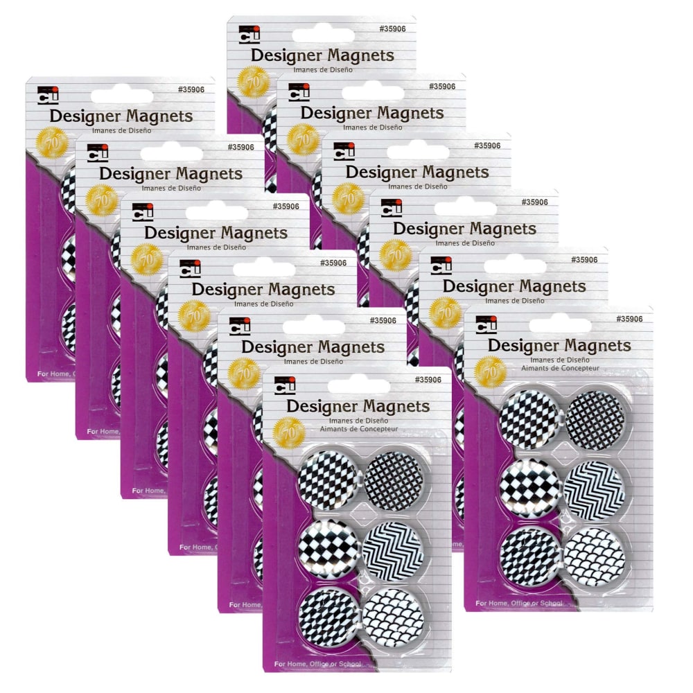 Charles Leonard Designer Button Style Magnets, 1-1/2in x 1-1/4in, Assorted Colors, 6 Magnets Per Pack, Set Of 12 Packs