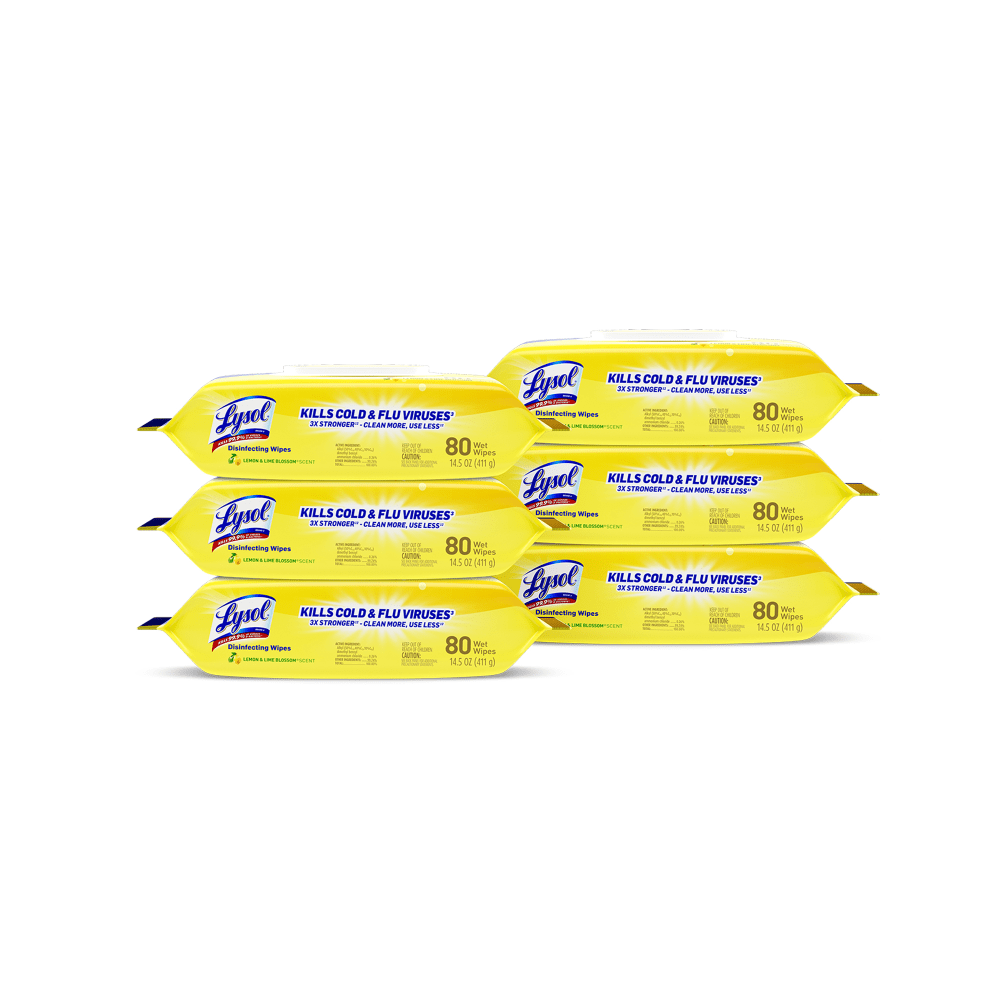 Lysol Disinfecting Wipes, Lemon And Lime Blossom, 7in x 8in, 17.7 Oz, 80 Wipes Per Flat Pack, Carton Of 6 Flat Packs