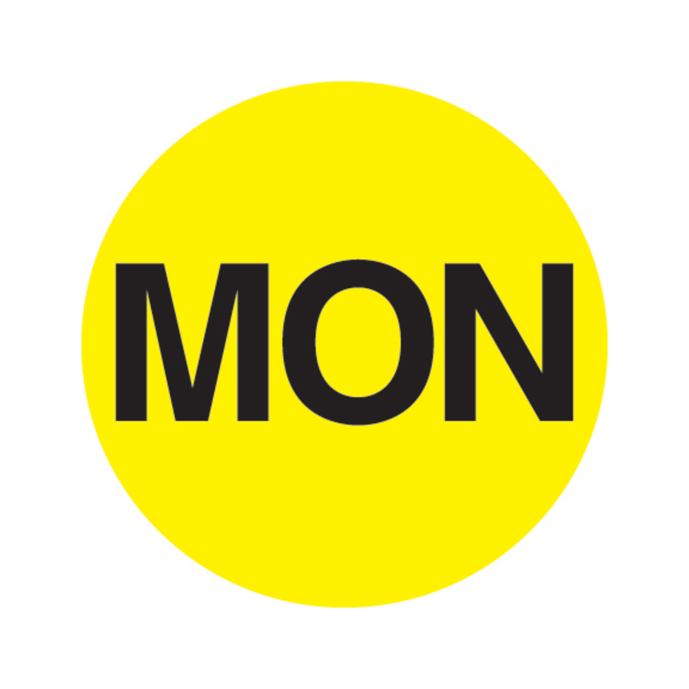 Tape Logic Permanent Inventory Label Roll, DL6501, Weekday-Style, "MON," 1in Diameter, Yellow, Roll Of 500