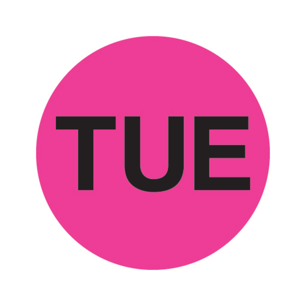 Tape Logic Permanent Inventory Label Roll, DL6511, Weekday-Style, "TUE," 1in Diameter, Pink, Roll Of 500
