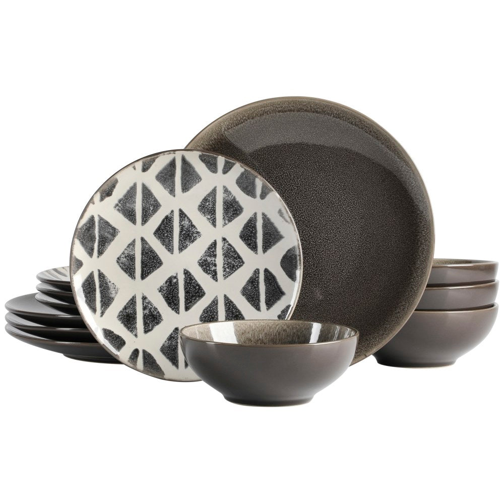 Spice By Tia Mowry Truffle Pepper 12-Piece Stoneware Dinnerware Set, Black/White