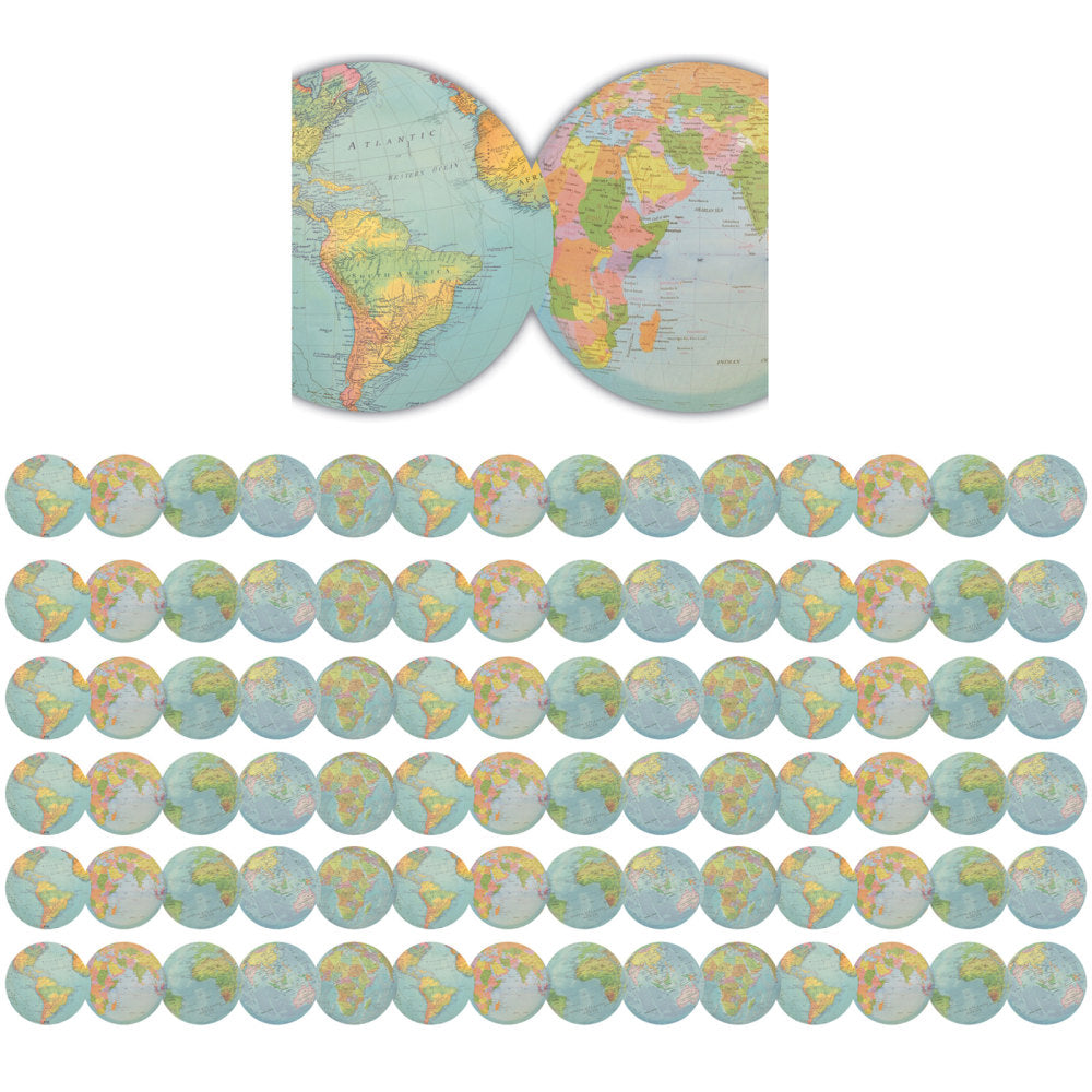 Teacher Created Resources Die-Cut Border Trim, Travel The Map Globes, 35' Per Pack, Set Of 6 Packs