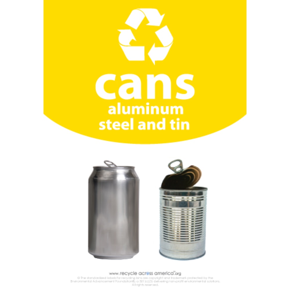 Recycle Across America Aluminum, METAL-1007, Steel And Tin Cans Standardized Recycling Labels, 10in x 7in, Yellow