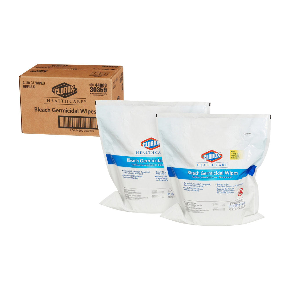 Clorox Healthcare Bleach Germicidal Wipes, 12in x 12in, White, 110 Wipes Per Pack, Case Of 2 Packs