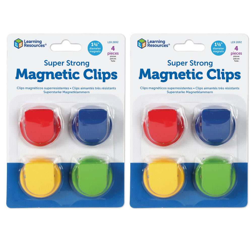 Learning Resources Super Strong Magnetic Clips, 1 1/2in, 50 Pages, Assorted Colors, 4 Hooks Per Pack, Set Of 2 Packs