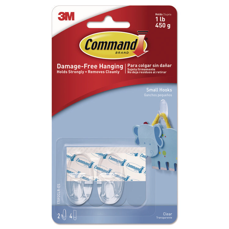Clear Hooks and Strips, Small, Plastic, 1 lb Capacity, 2 Hooks and 4 Strips/Pack