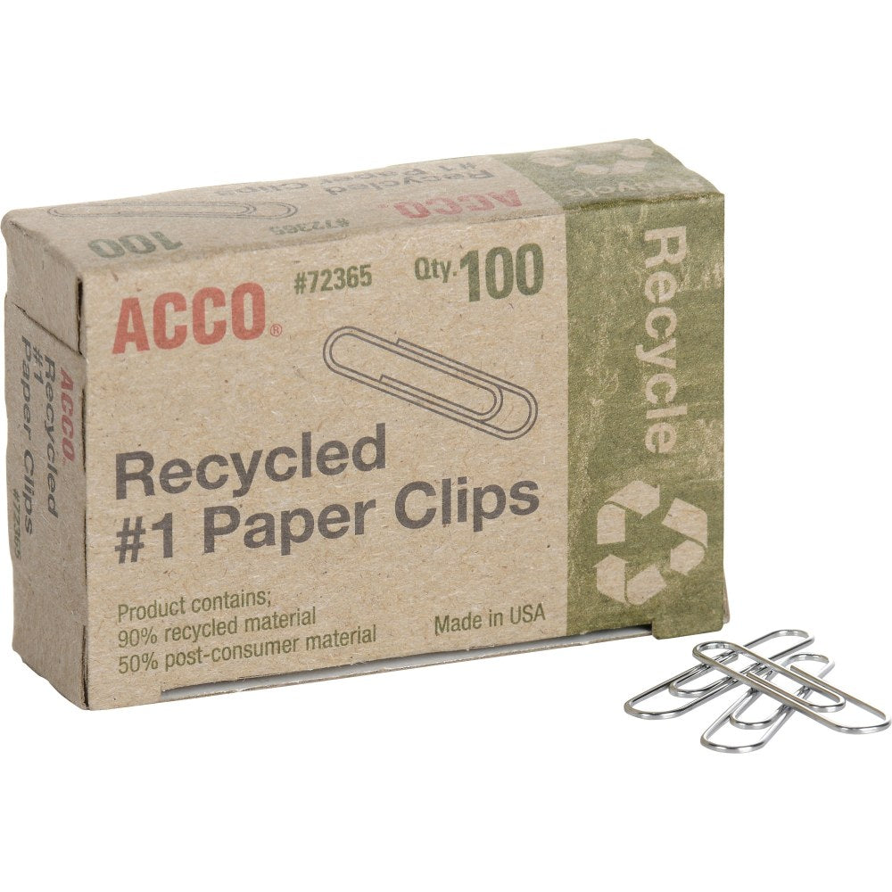 ACCO Paper Clips, 1000 Total, Silver, Recycled, 100 Per Box, Pack Of 10 Boxes