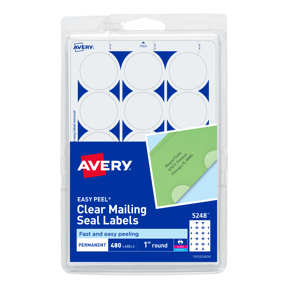 Avery Permanent Mailing Seals, 5248, Round, 1in Diameter, Clear, Pack Of 480