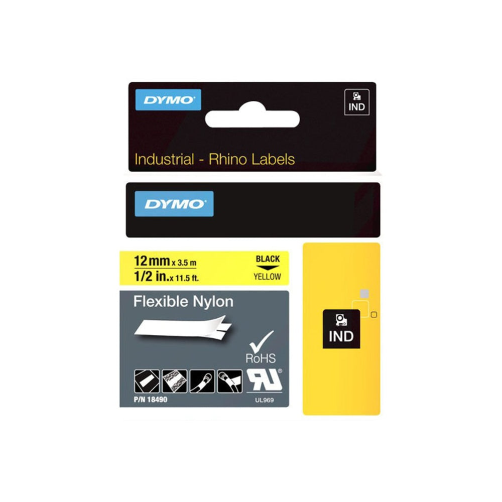 DYMO Rhino Flexible Nylon Labels, DYM18490, 1/2inW x 11 1/2 ft Length, Direct Thermal, Yellow, Nylon