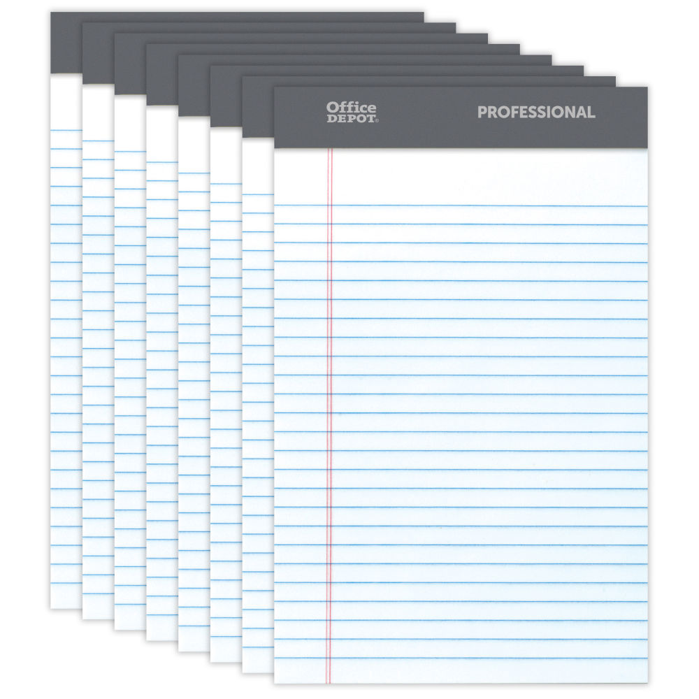 Office Depot Brand Professional Writing Pads, 5in x 8in, Narrow Ruled, 50 Sheets, White, Pack Of 8