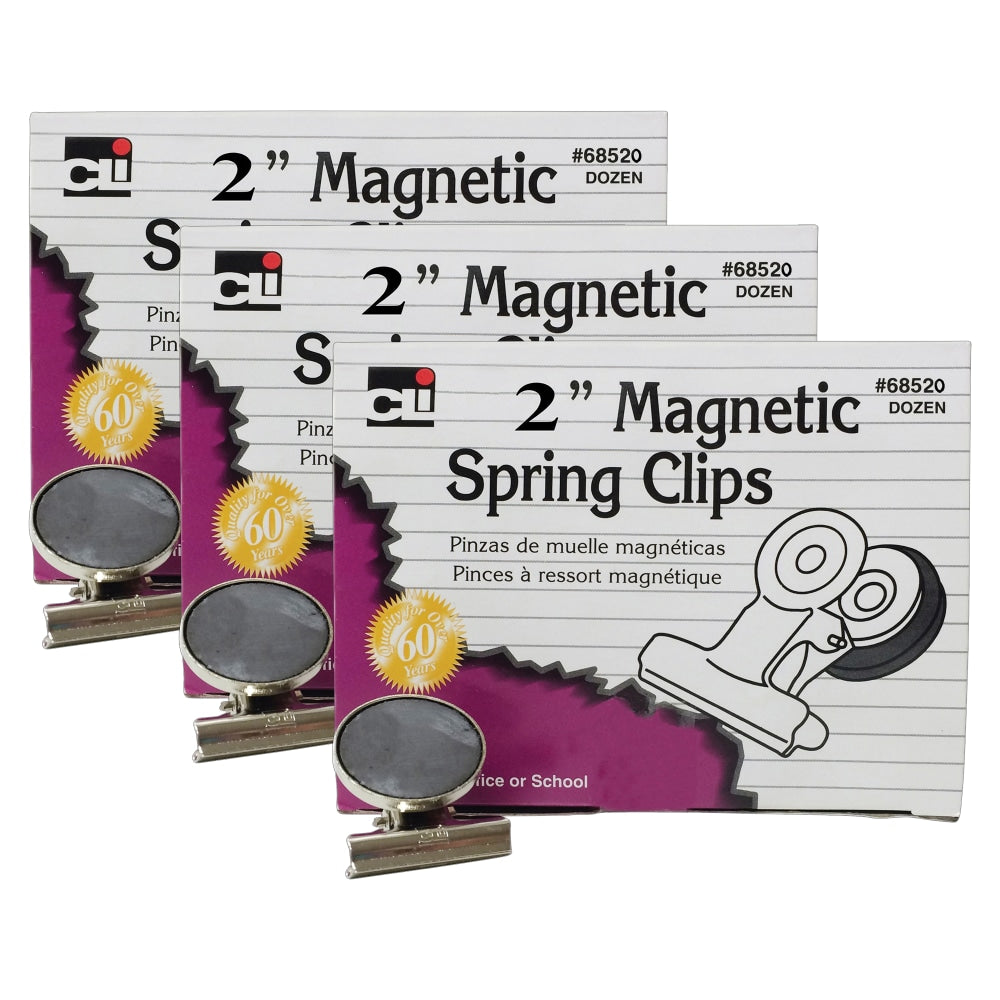 Charles Leonard Magnet Spring Clips, 2in, Silver, 12 Clips Per Box, Pack Of 3 Boxes