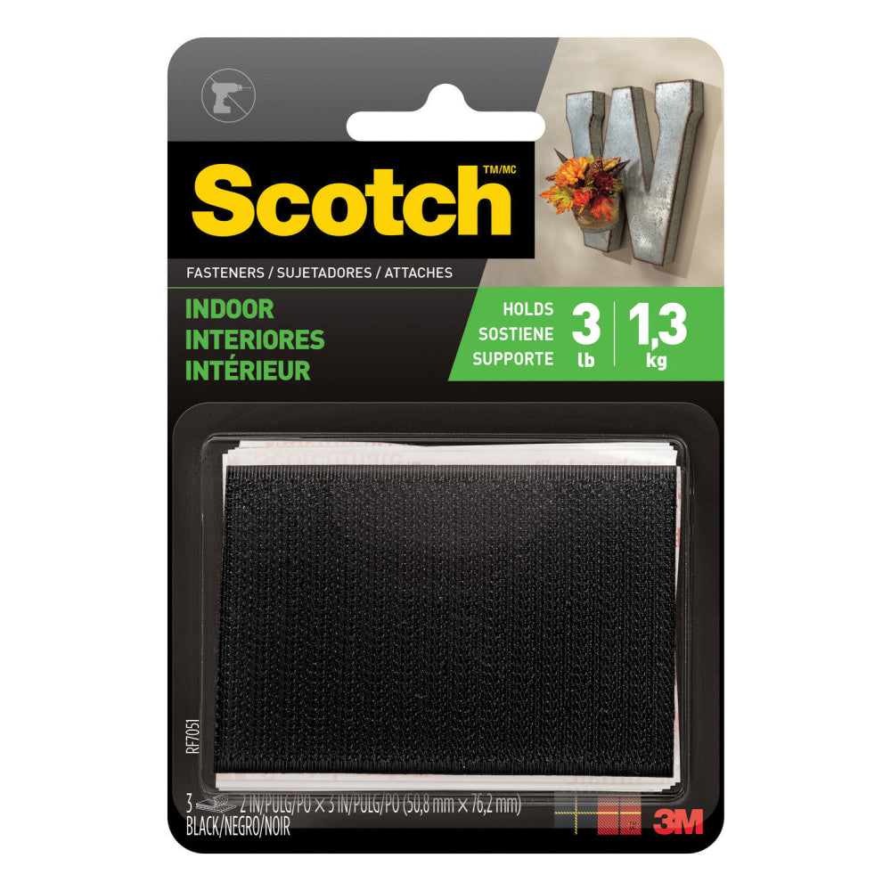 Scotch Recloseable Fasteners, Black, 2in x 3in Strips, Pack Of 3