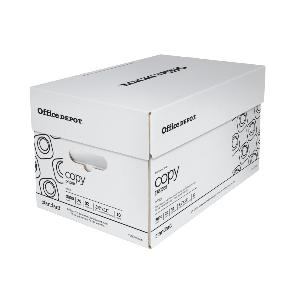 Office Depot Copy Paper, White, Letter (8.5in x 11in), 5000 Sheets Per Case, 20 Lb, 92 Brightness, Case Of 10 Reams