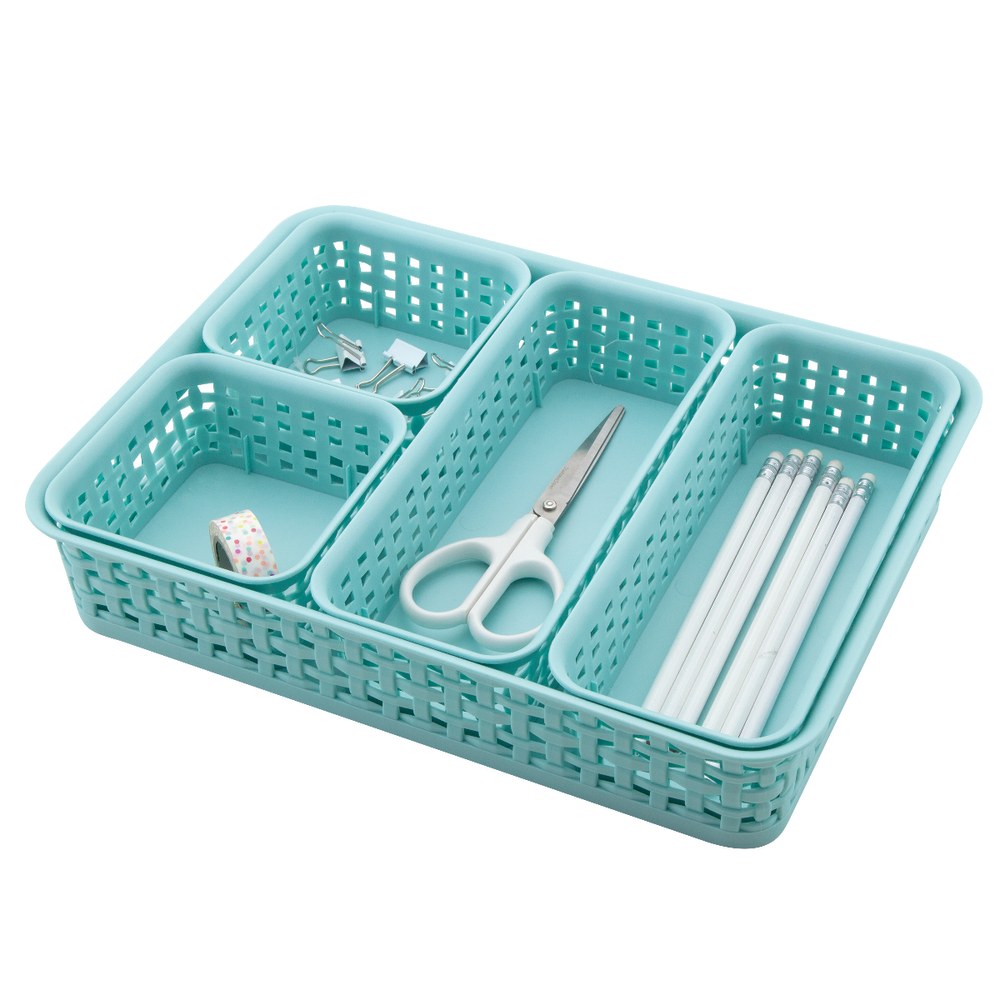 Realspace Plastic Weave Bin Set, Assorted Sizes, Blue, Pack Of 5