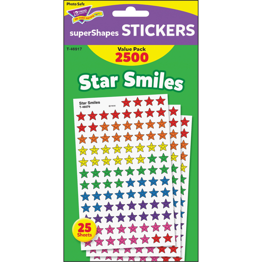 Trend Super Shapes Star Smiles Stickers - 2500 (Star) Shape - Self-adhesive - Acid-free, Non-toxic, Photo-safe - Assorted - 2500 / Pack