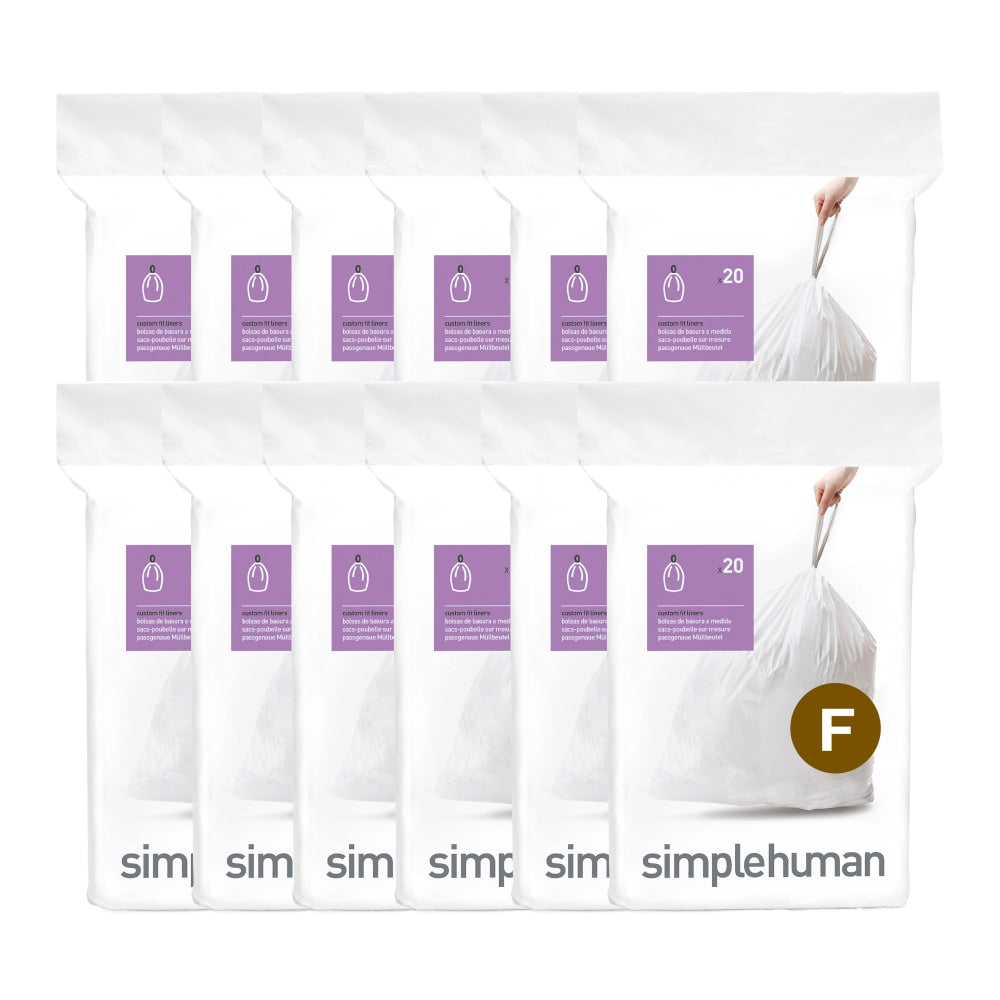 simplehuman Custom-Fit Trash Can Liners, Code F, 0.025-mil, 6.6 Gallons, 20in x 21in, White, Pack Of 240 Liners