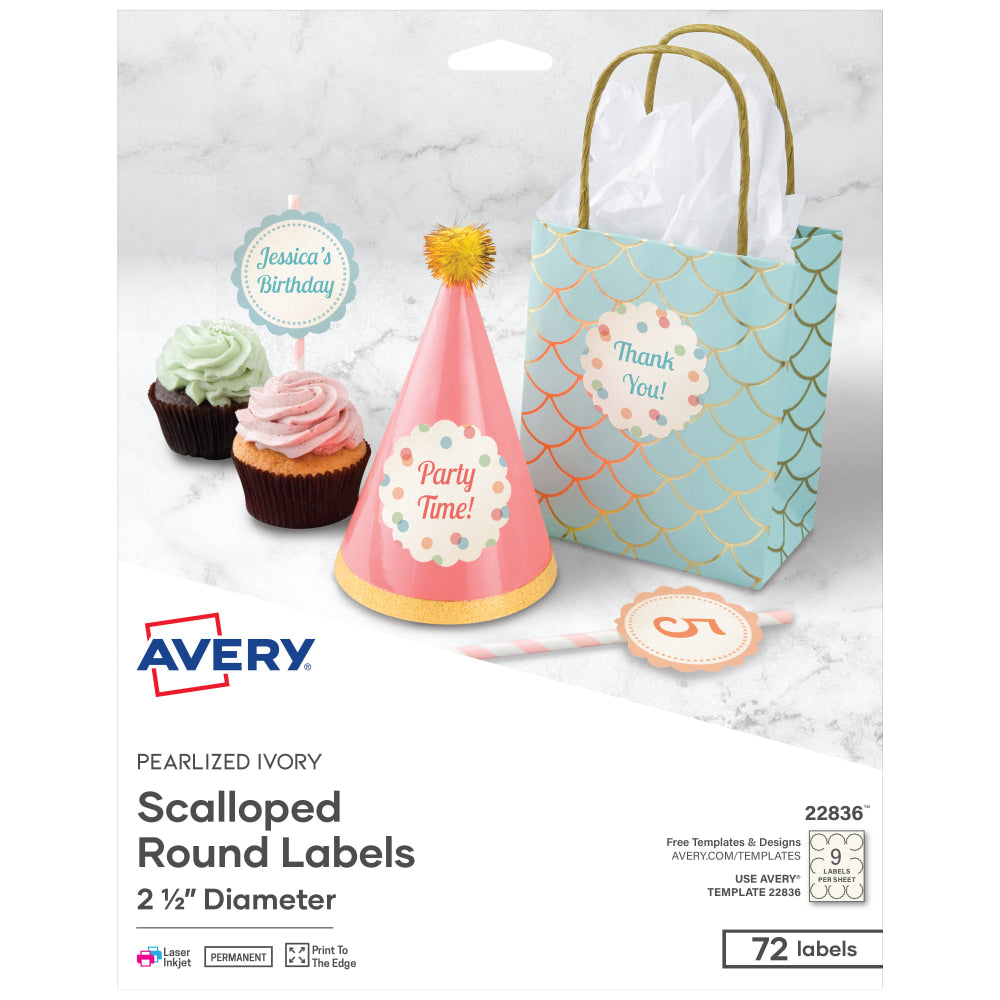 Avery Permanent Pearlized Labels, 22836, Round With Scallop Edge, 2-1/2in Diameter, Ivory, Pack Of 72