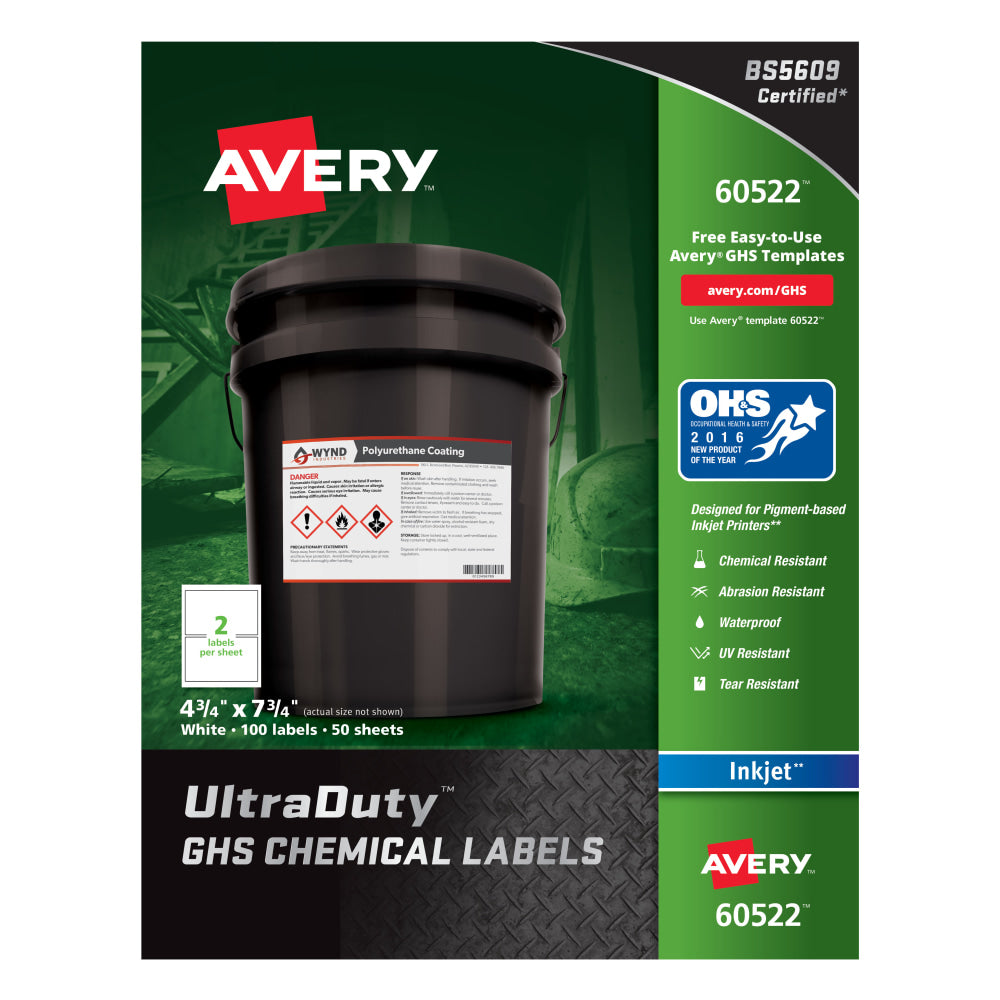 Avery UltraDuty GHS Chemical Labels For Pigment-Based Inkjet Printers, 60522, 4 3/4in x 7 3/4in, White, Pack Of 100