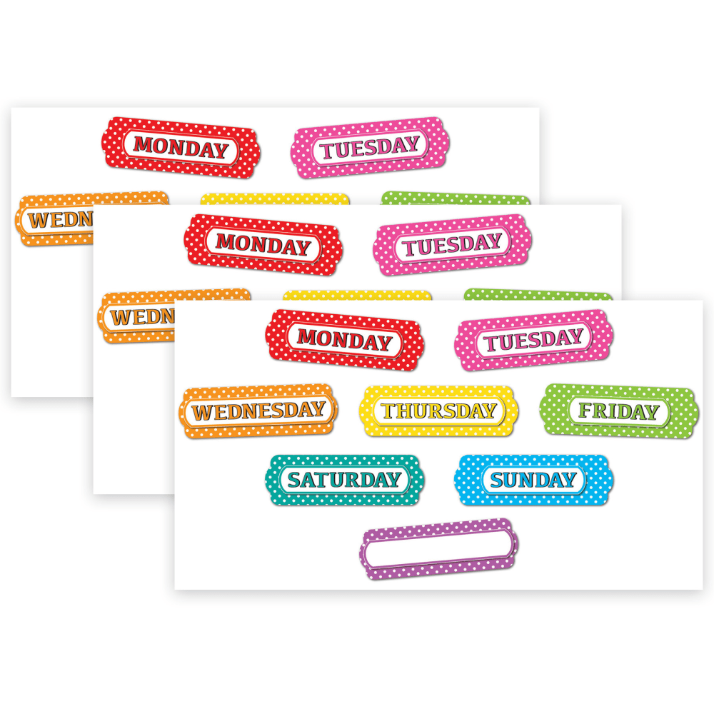 Ashley Productions Magnetic Die-Cut Timesavers & Labels, Days Of The Week, White Polka Dots/Assorted Colors, 8 Pieces Per Pack, Set Of 3 Packs