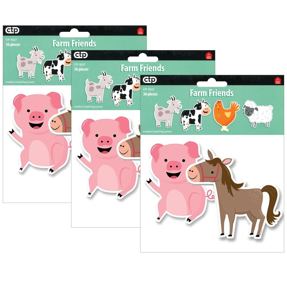 Creative Teaching Press Designer Cut-Outs, 6in, Farm Friends, 36 Cut-Outs Per Pack, Set Of 3 Packs