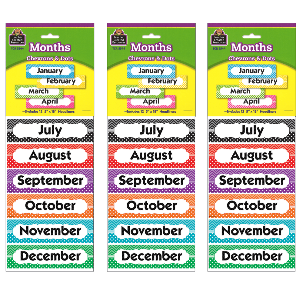 Teacher Created Resources Monthly Headliners, 5in x 18in, Chevrons and Dots, Pre-K to Grade 8, 12 Pieces Per Pack, Set Of 3 Packs