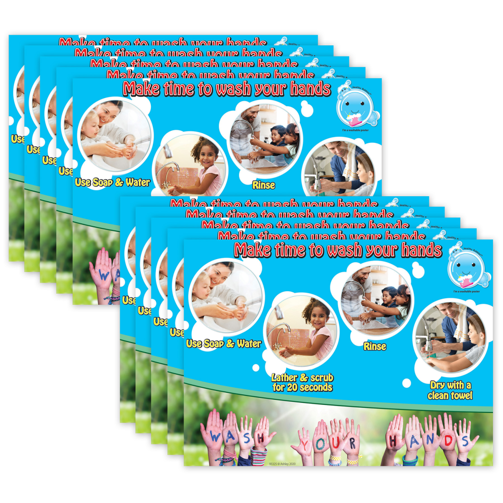 Ashley Productions Smart Poly PosterMat Pals Space Savers, 13in x 9-1/2in, Time To Wash Hands, Pack Of 10 Pieces